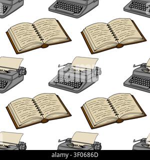 Seamless pattern with vintage typewriter and open notebook vector illustration Stock Vector