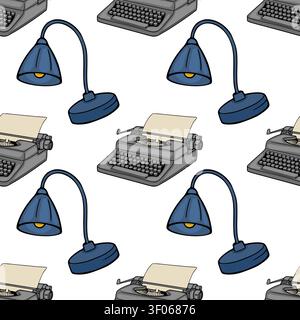 Vintage typewriter and desk lamp seamless pattern vector illustration Stock Vector