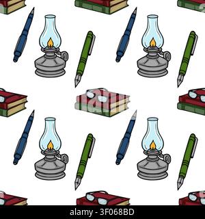 Seamless pattern with writer tools including vintage oil lamps, stacked books, and fountain pens vector illustration Stock Vector