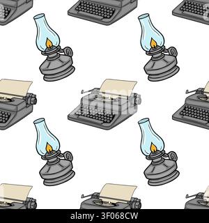 Seamless vector pattern with vintage typewriters and kerosene lamps on white background Stock Vector