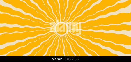 Groovy retro sun patterns with psychedelic rays and bold wavy shapes. Summer vibes meet 70s vintage design in vibrant yellow sunburst illustrations Stock Vector