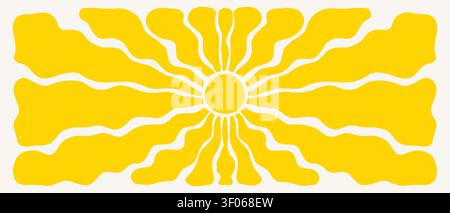 Groovy retro sun patterns with psychedelic rays and bold wavy shapes. Summer vibes meet 70s vintage design in vibrant yellow sunburst illustrations Stock Vector