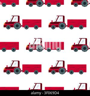 Seamless pattern with red cartoon tractors. Flat vector illustration for boys nursery decor, kids textile print, baby clothes design, and wrapping Stock Vector