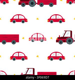 Seamless pattern with red cartoon tractors. Flat vector illustration for boys nursery decor, kids textile print, baby clothes Stock Vector