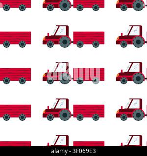 Seamless pattern with red cartoon tractors. Flat vector illustration for boys nursery decor, kids textile print, baby clothes design Stock Vector