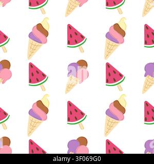 Seamless pattern watermelon ice cream on sticks, ice cream cones. Minimalist flat vector illustration, vibrant pink and green tones. Perfect for summe Stock Vector