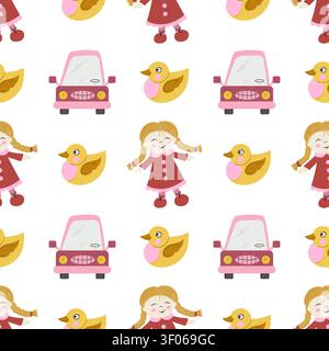 A seamless pattern with cute smiling rag dolls, cars, rubber ducks. Flat vector illustration for nursery fabrics, nursery decor, and wrapping paper de Stock Vector