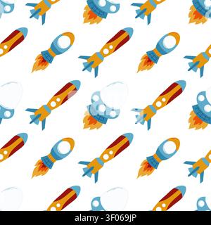 Seamless pattern with cartoon space rockets in blue tones. Vector Stock Vector