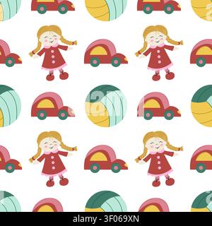A seamless pattern with cute smiling rag dolls, cars, balls. Flat vector illustration for nursery fabrics, nursery decor, and wrapping paper designs Stock Vector