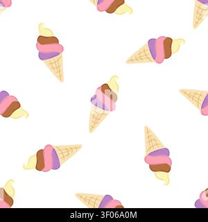 Seamless pattern featuring colorful ice cream cones in a flat, modern vector illustration style, predominantly pink. Perfect for summer themed designs Stock Vector
