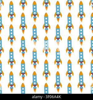 Seamless pattern with cute cartoon rockets and stars in bright colors. Vector Stock Vector