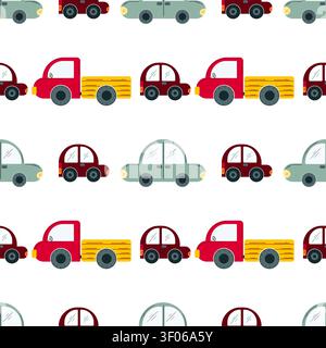 Seamless pattern with cartoon trucks and cars. Flat vector illustration for boys nursery decor Stock Vector