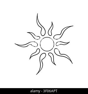 Monochrome sun icon, vector illustration. Featuring a sun with artistic wavy, curved rays, isolated on white background. Nature Stock Vector