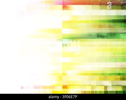 Grainy minimalist abstract background with green and yellow pixel glitch bands fading into white space. Modern digital texture ideal for banners, post Stock Photo