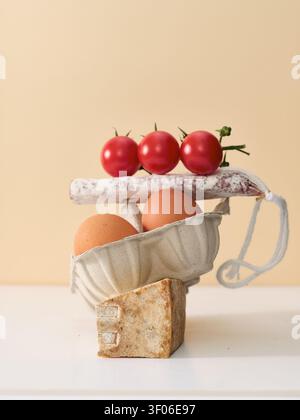 A creative still life composition featuring fresh eggs, ripe tomatoes, aged cheese, and cured sausage against a neutral backdrop, showcasing a harmoni Stock Photo