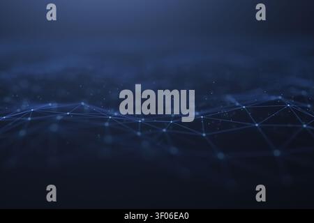Futuristic abstract background showing a web-like network of connected particles and lines over a dark blue space, suggesting digital communication, d Stock Photo