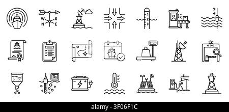 maritime navigation logistics ocean monitoring linear vector icon set Stock Vector
