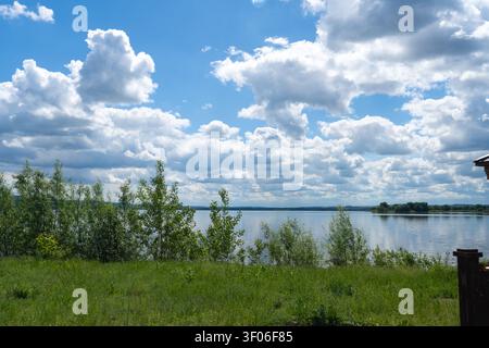 Peaceful lakeside view with green shrubs and meadow in the foreground, calm water on the horizon, and dramatic white cumulus clouds drifting across a Stock Photo
