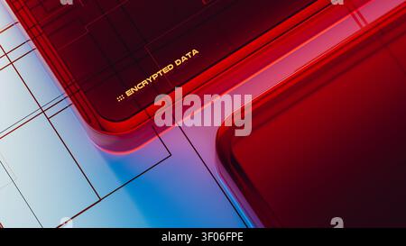The design shows encrypted data security elements in a modern layout. Bright colors highlight technology aspects involved in data protection. Stock Photo