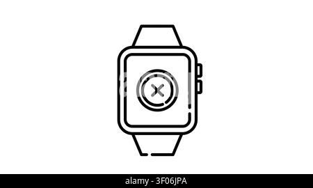 Smartwatch system error icon: wearable smart watch displaying cross mark X symbol on screen, minimalist black line art vector illustration for failure Stock Vector