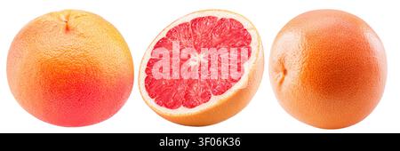 A collection of whole pink grapefruits and one sliced open grapefruit. Stock Photo