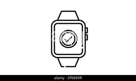 Smartwatch system success icon: wearable smart watch displaying check mark symbol on screen, minimalist black line art vector illustration for approva Stock Vector