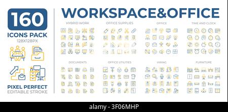 Office workspace two color line icons set collection Stock Vector