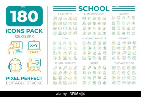 School two color line icons set collection Stock Vector