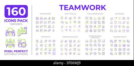 Teamwork two color line icons set collection Stock Vector