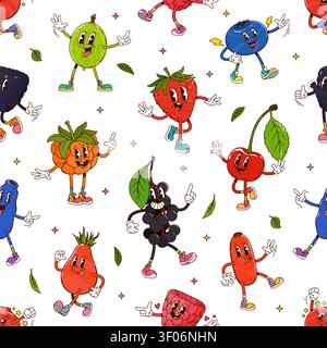Cartoon groovy berry fruits seamless pattern Stock Vector