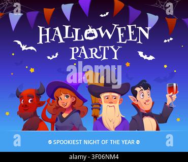 Halloween party flyer with holiday characters Stock Vector