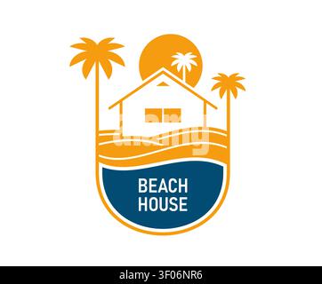 Tropical palm beach resort, villa house icon Stock Vector