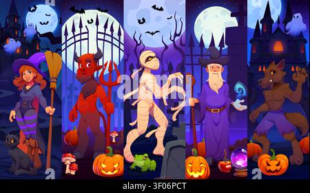 Cartoon scary and creepy Halloween characters Stock Vector