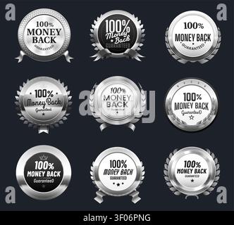 Money back guaranteed silver labels, award badges Stock Vector