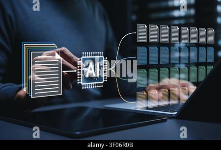 AI document processing and automated file classification concept. Person using laptop to categorize digital paperwork, data extraction, document Stock Photo