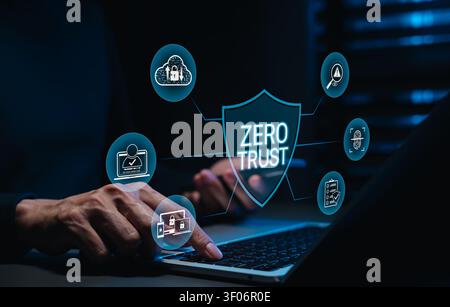 Zero trust cybersecurity concept. Man using laptop with shield protection, identity access management, cloud security, fingerprint verification Stock Photo