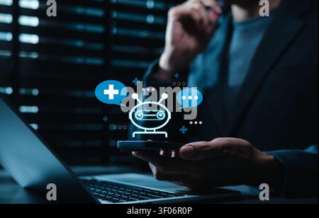 AI chatbot medical consultant assistant system concept. Person using smartphone to communicate with virtual doctor, analyzing symptoms, telehealth Stock Photo