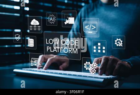 Low code platform development concept. app building icons, visual programming, workflow automation, AI integration, cloud database, responsive design, Stock Photo