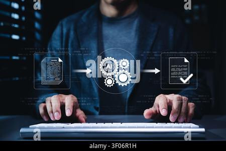 AI document processing automation concept. Businessman using AI tools and virtual file workflow, representing document summarization, text analysis, Stock Photo