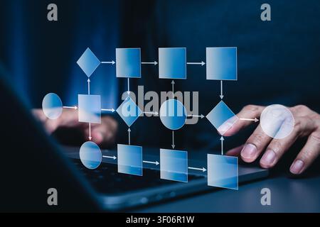 Business process workflow concept. Businessman using laptop and flowchart diagram. operational planning, task automation, decision mapping, system Stock Photo