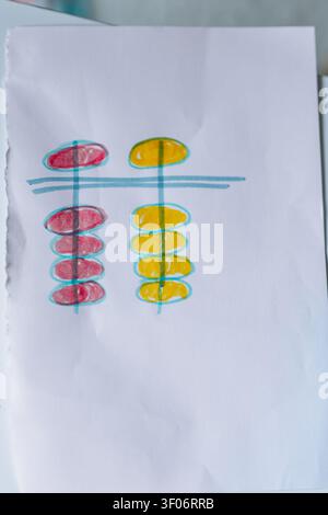 Hand drawn abacus worksheet for mental math practice with colored beads on white paper. Visual learning supports mental arithmetic, number recognition Stock Photo