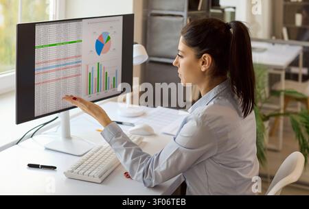 Female financial analyst working on data and charts at desktop computer in office Stock Photo