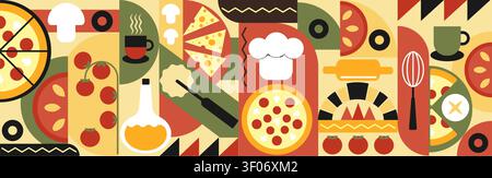 Pizza mosaic seamless pattern, flat line design, pizza ingredients and slices, abstract geometric design of Italian pizzeria, food Stock Vector