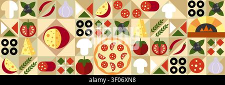 Pizza mosaic seamless pattern, flat line design, pizza ingredients and slices, abstract geometric design of Italian pizzeria, food Stock Vector