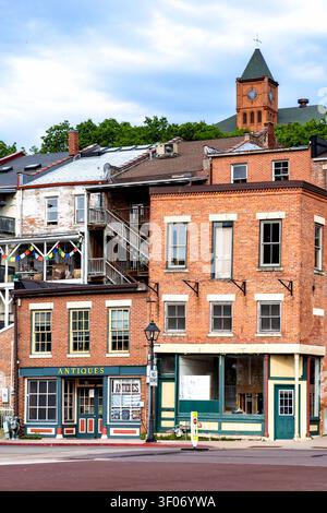 Galena, Illinois, USA - May 31, 2026: Historic brick storefronts and vintage commercial buildings along Main Street in downtown Galena, Illinois Stock Photo