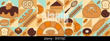 Bread and pastries background. Abstract bakery menu background with line drawing. Geometric pattern bread, croissant, donut. Bakery line pattern. Stock Vector