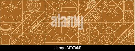 Bread and pastries background. Abstract bakery menu background with line drawing. Geometric pattern bread, croissant, donut. Bakery line pattern. Stock Vector