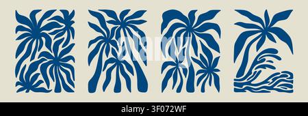 Set of irregular organic shape wavy coconut palm tree silhouette hand drawn poster set. Funky boho style groovy blue mediterranean coastal background. Stock Vector
