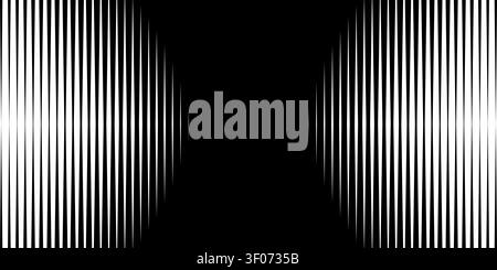 Parallel straight lines with halftone gradient transition forming a centered pattern. Black and white striped background with dynamic fade effect for modern graphic design templates. Stock Vector