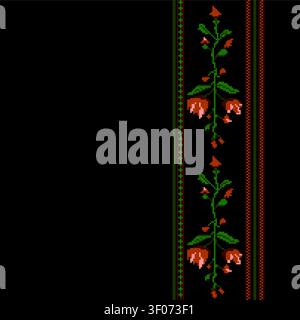 Vector Ukrainian embroidered ornament with floral pattern, traditional vertical folk border on black background Stock Vector